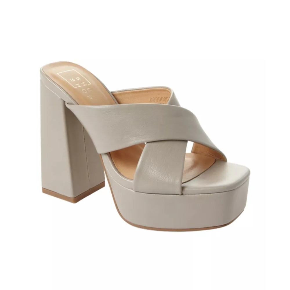 Shu Shop Womens Cream Platform Mules Crisscross Block Heel Square Toe Sze 10 NEW
